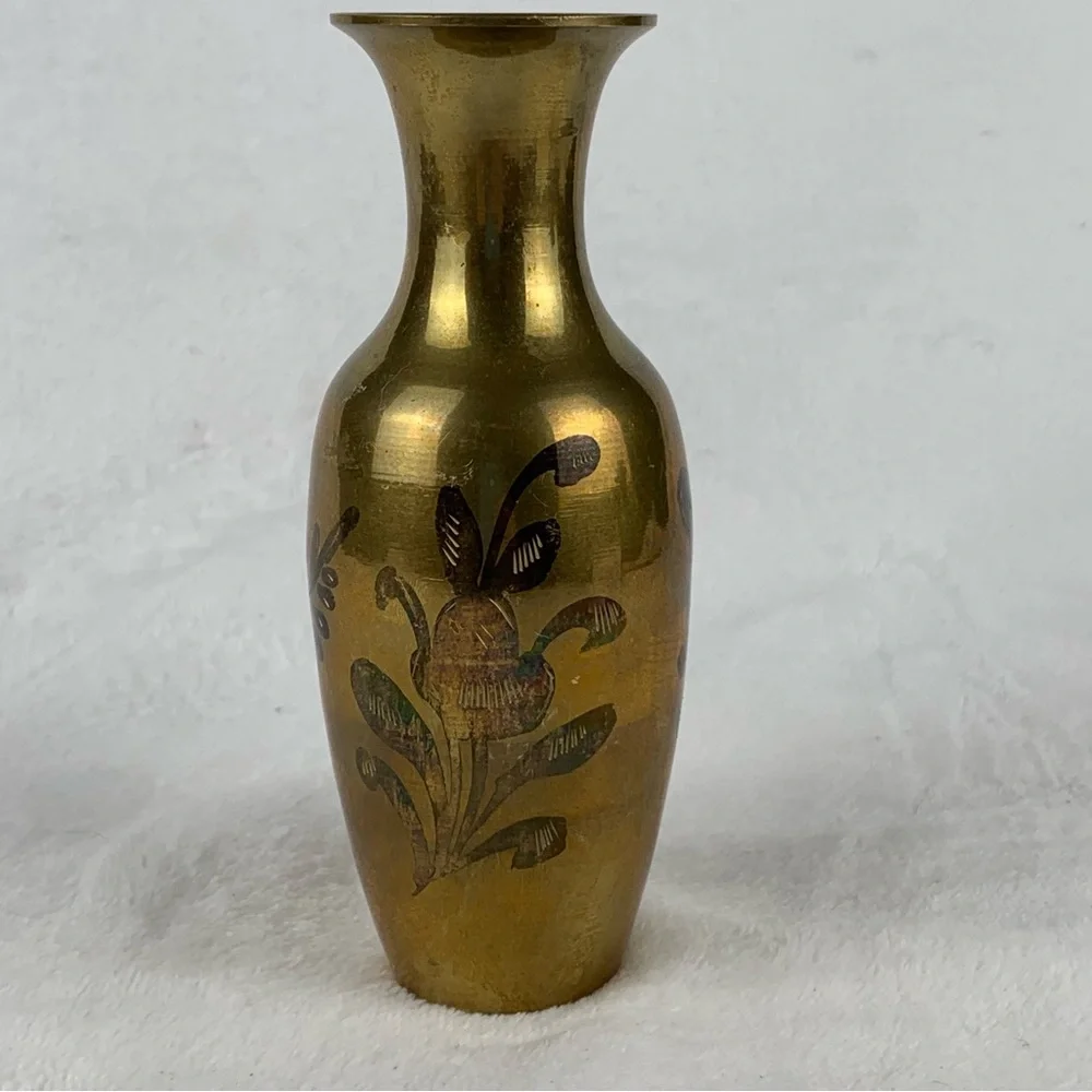 Vintage Brass Bud Vase with‎ etched floral design 6 Inches Tall Original Patina